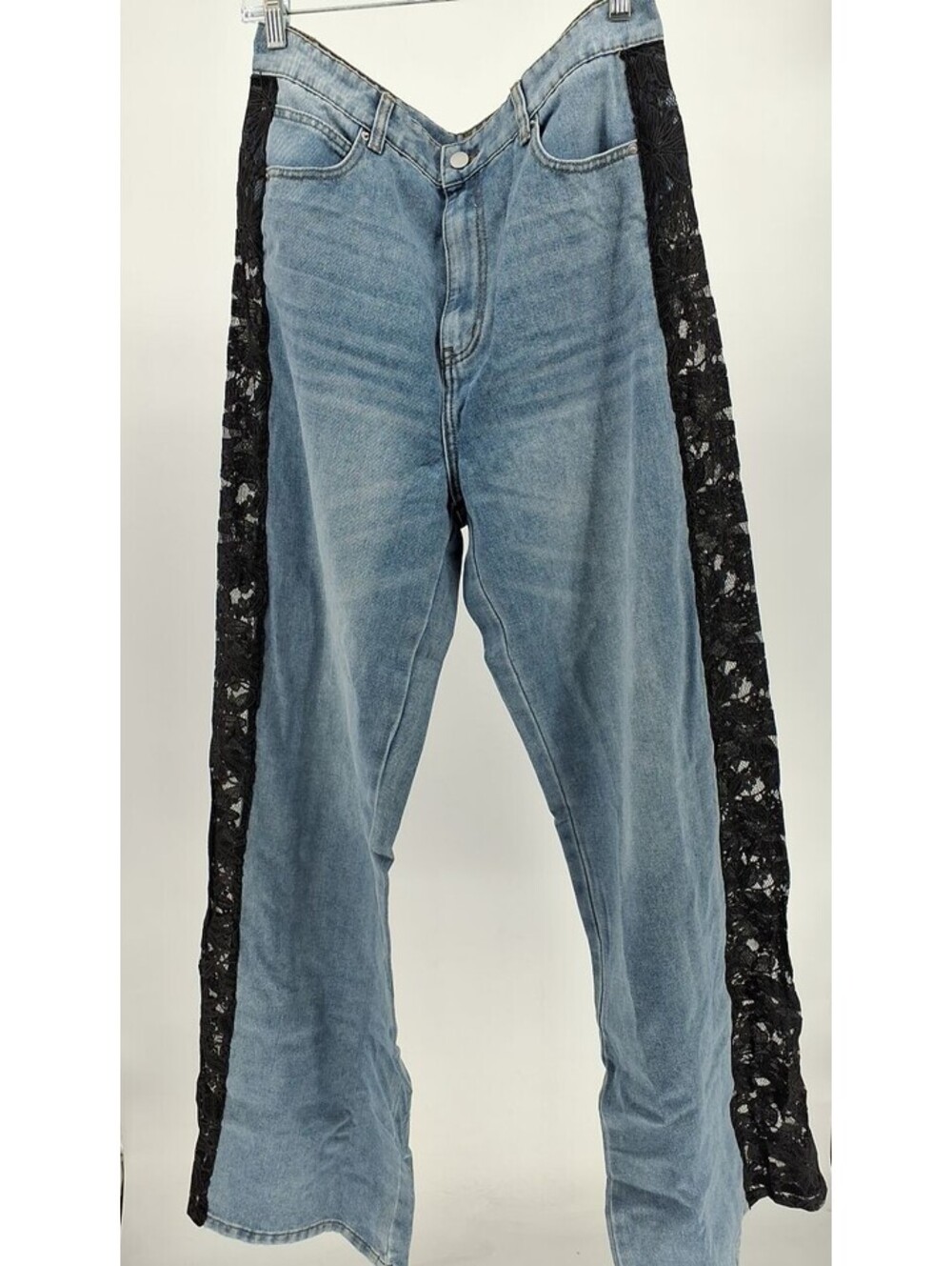 Women's Light Wash Wide Leg Jeans w/ Black Floral Lace Inset, Size 15